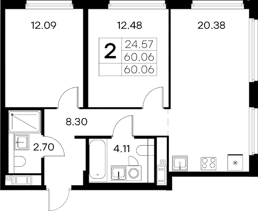 2-комнатная квартира 60.06 м², 12/18 эт., ЖК «Glorax City Василеостровский»